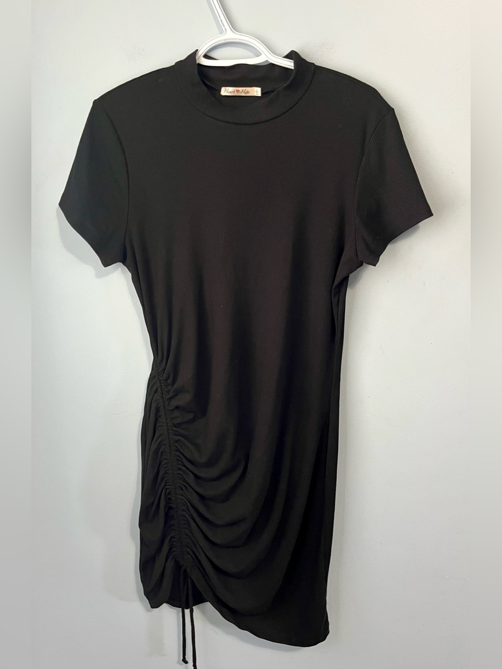 Heart & Hips Black Short Sleeve Ribbed Ruched Bodycon T-Shirt Dress LBD Size L